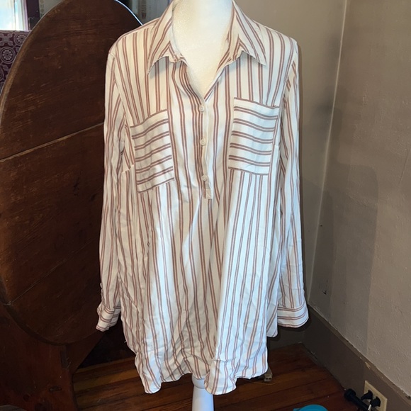 Isabel Striped belted Maternity Tunic button down collar pockets XL brown white - Picture 3 of 5